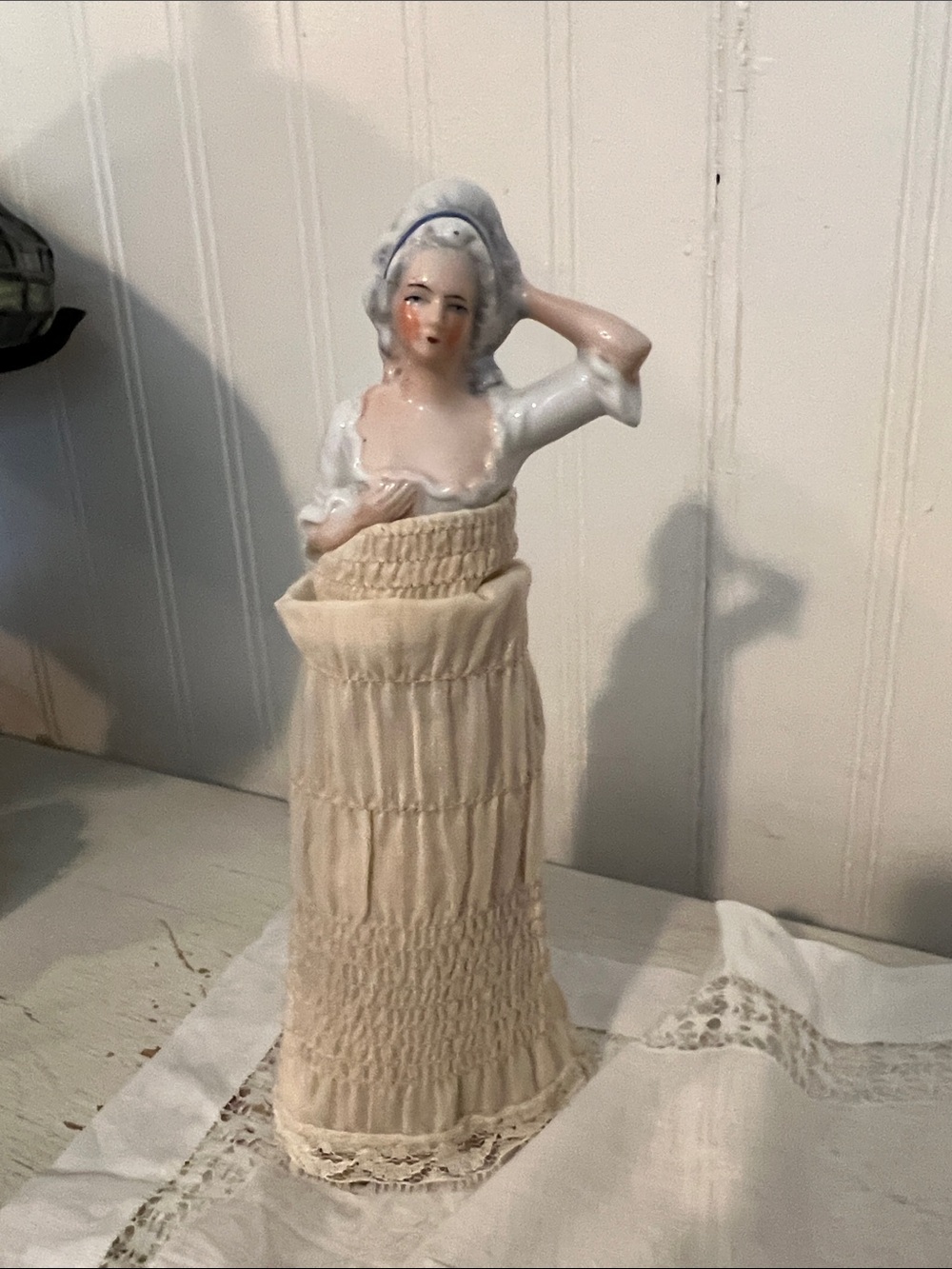 Vintage German Porcelain "Marie Antoinette" Half Doll Pin Cushion 8", ca 1920